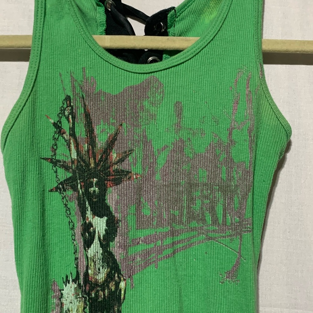 Y2K Folter Green Statue of Liberty Graphic Lace Up Back Tank Top - Picture 2 of 7